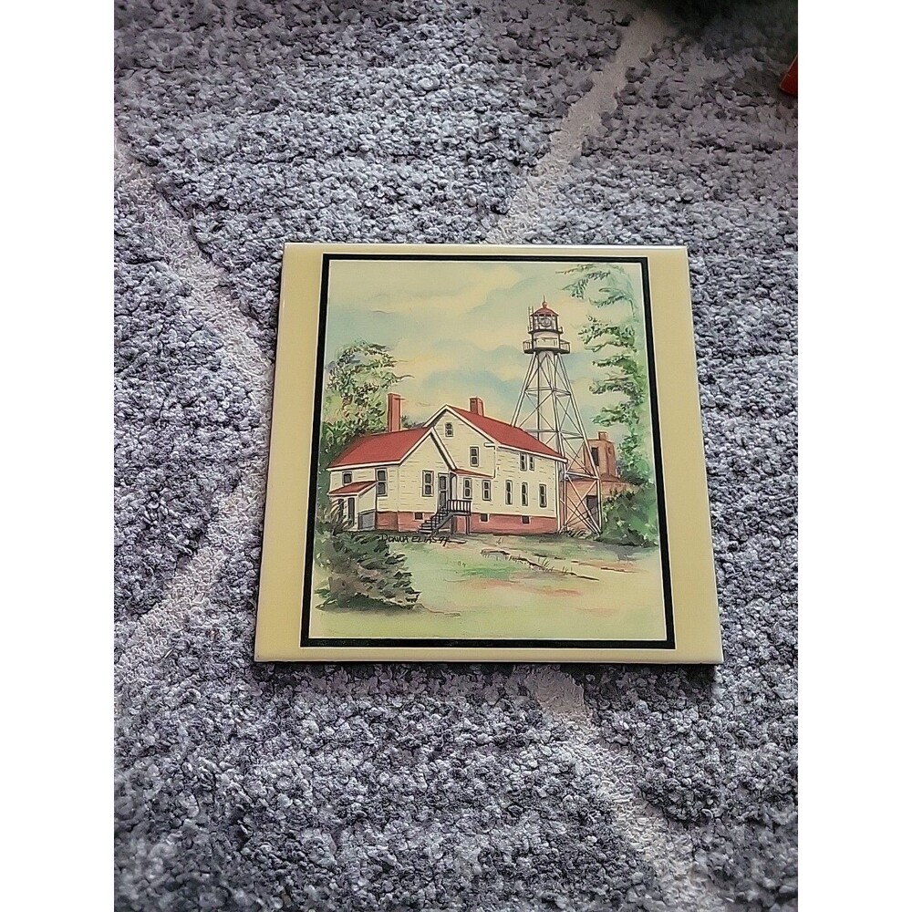 Donna Elias 1990sWatercolor POINT WILSON LIGHTHOUSE Decorative Ceramic Tile7.75”